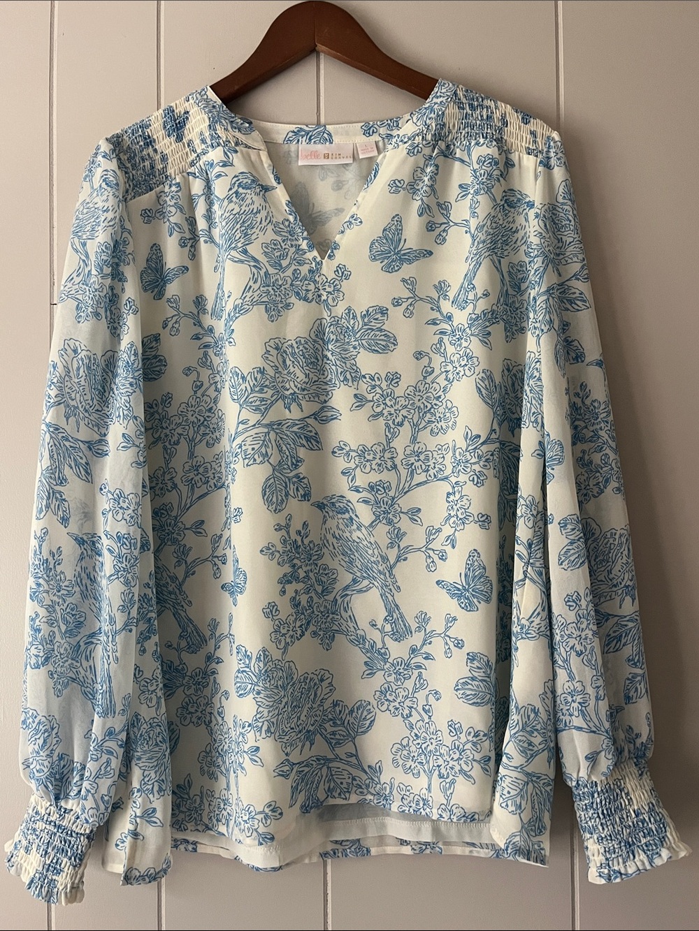 Belle by Kim Gravel Cream Blouse with Blue Floral & Bird Print